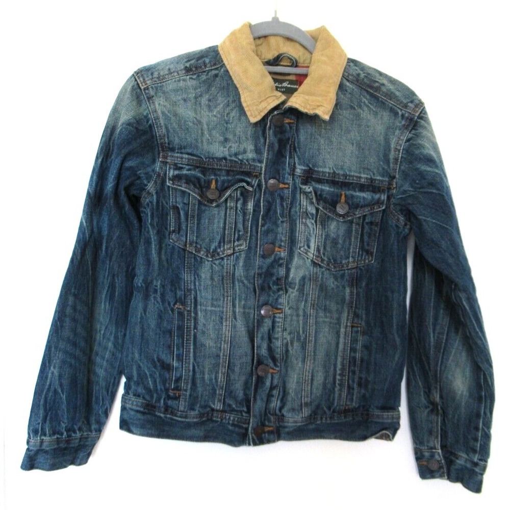 Eddie Bauer Kids Size Large Distressed Dark Blue Denim Plaid Lined Jacket